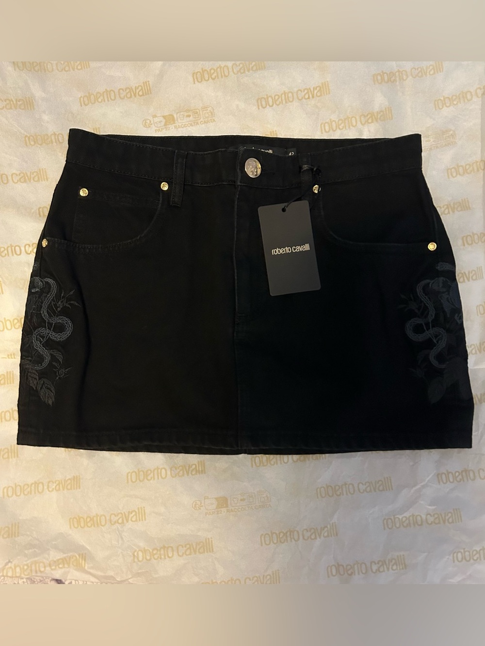 Roberto Cavalli Black Denim Mini Skirt with Subtle Embroidery